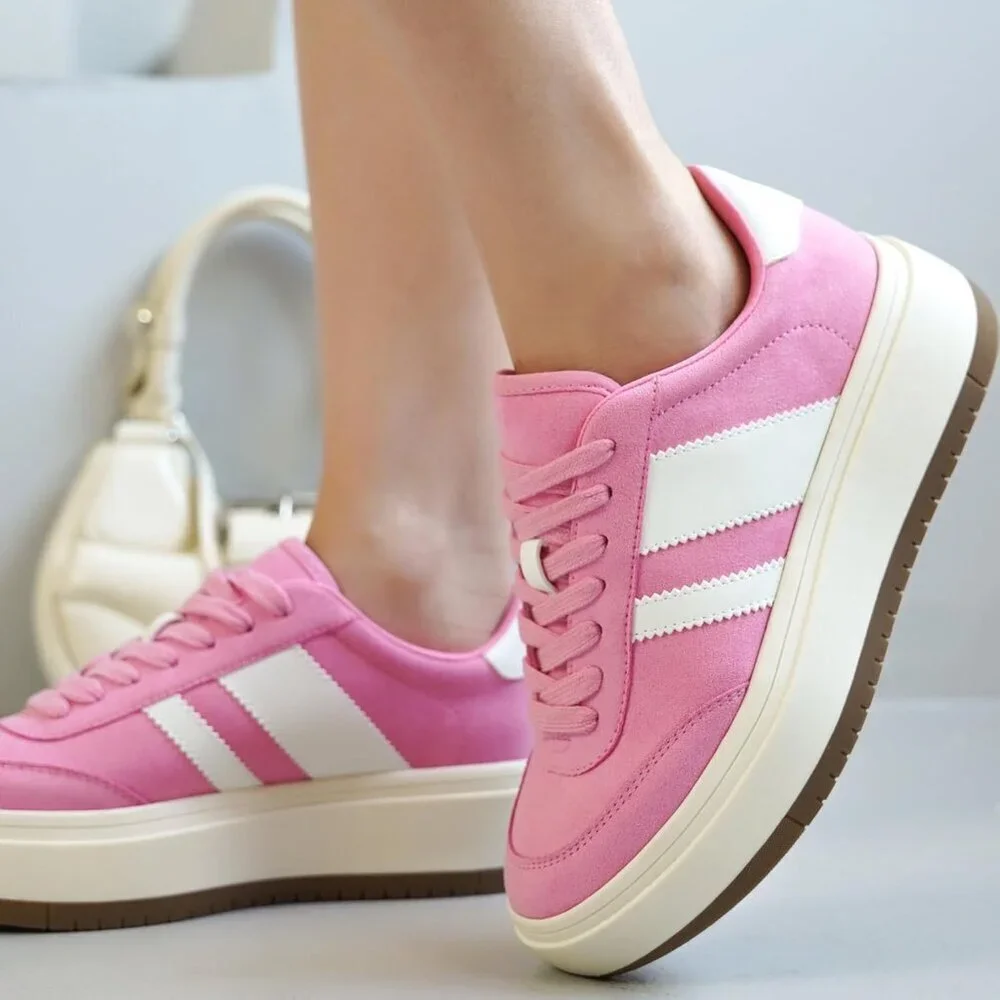 Women Pink White Stripes Lightweight Memory Foam Non-slip Insole Fashion Sneaker